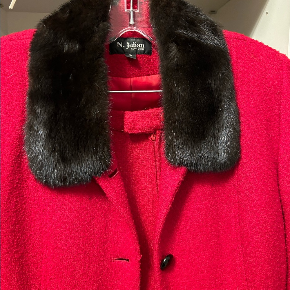 Gorgeous red wool suit with mink collar